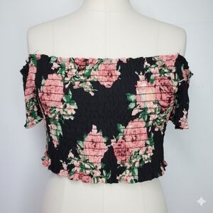 Fashion Nova Size L Top Off-The-Shoulder Blouse Elastic Black Pink Rose Stretch
